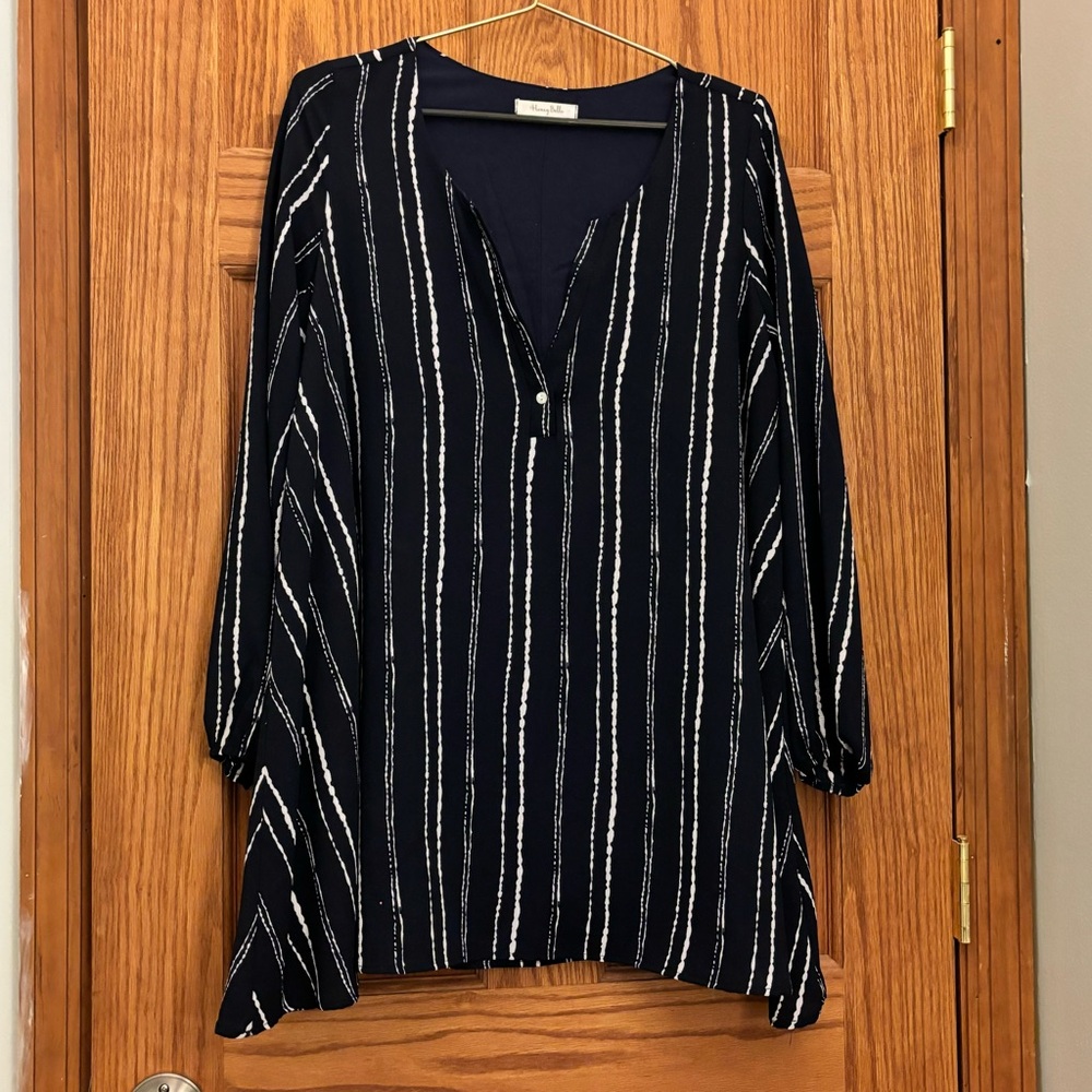 Honey Belle Sz M striped Navy lined sheer long sleeved mini dress/swim coverup